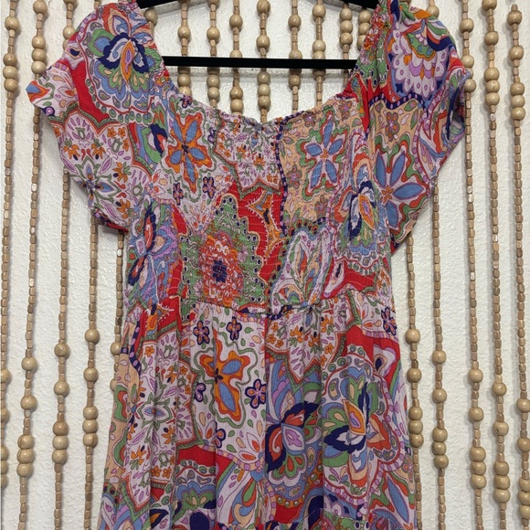 Easel Vibrant Paisley Smocked Boho Indie Fairycore Cottage Retro Maxi Dress Med - Picture 3 of 7